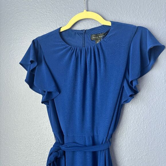 Women's Jessica Howard Dress Midi Tie Around Waist High Neck Short Sleeve Blue - Picture 4 of 9